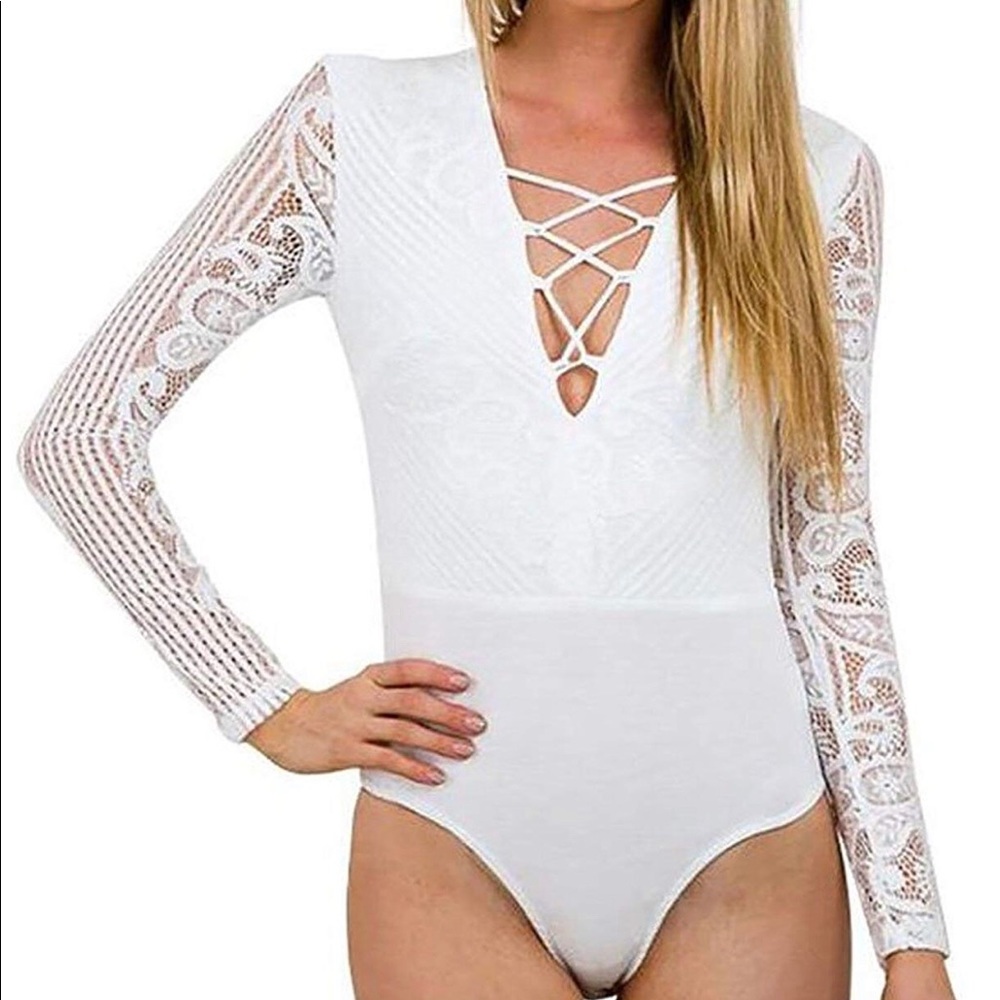 V-neck Lace Stitching Long Sleeve Bodysuit